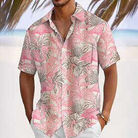 Men's Flamingo Bird Tropical Plants Summer Hawaiian Shirt Button Up Shirt Aloha Shirt Short Sleeve Shirt Turndown Hawaiian Vacation Holiday Beach Wear Light Pi