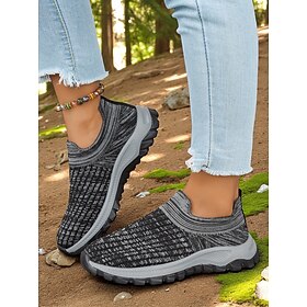Women's Black Flyknit Trail Running Sneakers – Slip-On Hiking Shoes with Cushioned Grip Sole for Outdoor Adventure and Forest Walks