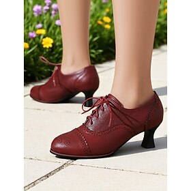 Women's Burgundy Brogue Lace-up Heels  1950s Vintage-inspired Leather Oxford Shoes with Low Heel for Casual, Work, and Vintage Events