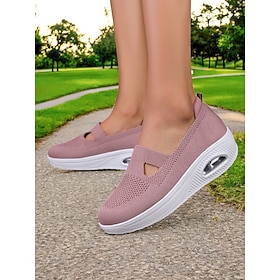 Women's Pink Flyknit Platform Walking Shoes  Lightweight Air-Cushion Slip-On Sneakers for Travel, Casual Strolls or Daily Errands