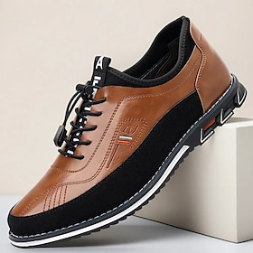 Men's Brown Faux Leather and Mesh Panel Sneakers  Lace-Up Comfort Shoes for Daily Commute, Casual Office  Weekend Outings
