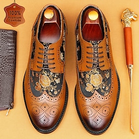 Men's Tan Leather Brogue Shoes with Hand-Painted Floral Detailing - Stylish Wingtip Shoes for Weddings, Business and Special Events