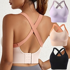 Women's Yoga Bra Sports Bra Pilates Bra Bra Top Push Up Seamless Anti-vibration Wireless Color Block Sport Activewear Black Light Purple Gym Zumba Running