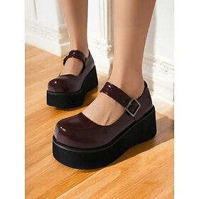 Women's Burgundy Platform Mary Jane Shoes with Buckle Strap, Chunky Retro Flats for Casual Dates and Everyday Wear