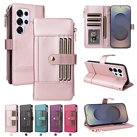 Phone Case For Samsung Galaxy S25 S25 Edge S24 S24 FE S23 Ultra Plus S22 Plus Ultra Wallet Case with Stand Holder Zipper Full Body Protective Retro TPU PU Lea