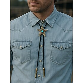 Men's Western Star Bolo Tie with Turquoise Center, Antique Bronze or Silver Metal, Adjustable Braided Leather Cord, Vintage Cowboy Rodeo Neckwear for Country C
