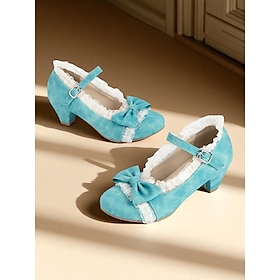 Women's 1950s Vintage Mary Jane Heels - Blue Suede Lolita Dress Shoes with Bows and Lace Trim for Tea Parties, Cosplay, or Retro Fashion
