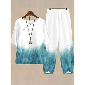 Women's Basic Shirt Pants Sets Half Sleeve Round Neck Graphic Gradient Plant Print Outdoor Casual Daily White Blue Green Summer Regular Fit
