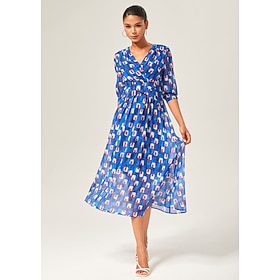 Damen Weiblich Langes Kleid Maxikleid Blau Kurzarm Geometrisch Sommer V Ausschnitt Urlaub XS S M: retailer-supplied image