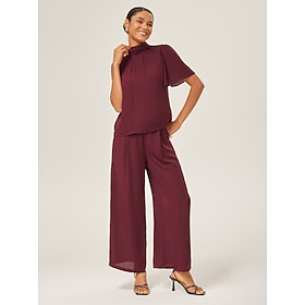 Damen Weiblich Freizeithemd Einfach Lässig Rüschenärmel Wein Kurze Ärmel Elegant Urlaub Hoher Ausschnitt Sommer…: retailer-supplied image