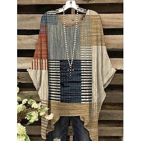Women's Boho Shirt Graphic Geometric Elegant Bohemia Vintage Short Sleeve Batwing Sleeve Crew Neck Regular Tops Daily Holiday Beach Wear Print Denim Blue Light