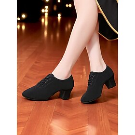 Women's Black Oxford-Style Canvas Dance Shoes with Lace-Up Closure and Block Heels for Professional Latin, Ballroom, or Jazz Practice