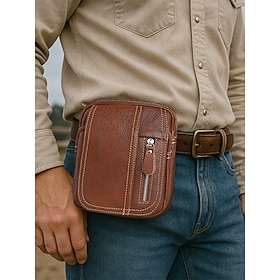 Men's genuine leather messenger bag with zipper pocket, Retro style, Can be inserted into the belt to use as a waist bag, Suitable for outdoor travel, Hiking,