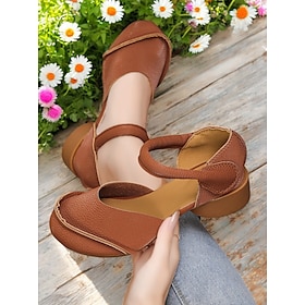 Women's Wide Toe Low Heel Casual Hollow Shoes, Brown Faux Leather Comfort Flats, Great for Garden Walks, Farm Visits and Daily Errands