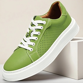Men's Green Faux Leather Low-Top Sneakers, Stylish Perforated Design with Lace-Up Closure, Great for Street Style, Urban Casual and Spring Outfits