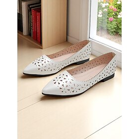 Women's White Laser-Cut Pointed Toe Flats  Breathable Faux Leather Shoes for Work, City Walks and Spring Outings