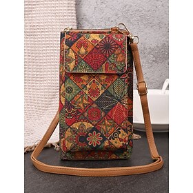 Women's Vintage Boho Phone Crossbody Bag with Adjustable Strap, Faux Leather Small Purse with Multicolor Patchwork Print, Ideal for Travel, Festivals, Daily Er
