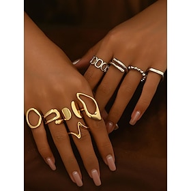 Women's Trendy Gold and Silver Geometric Rings Set  Fashionable Stackable Statement Jewelry for Casual, Party and Everyday Wear