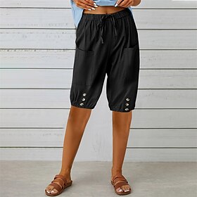 Women's Linen-Inspired Shorts Shorts Streetwear Casual Knee Length Mid Waist Plain Pocket Elastic Drawstring Design Breathability Soft Micro-elastic Vacation S