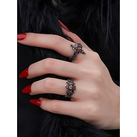 Women's Gothic Vintage Black Rose Rings Set – Adjustable Alloy Heart Rings with Red Gemstone for Halloween Party, Cosplay  Alternative Fashion