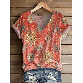 Women's Alzheimer's Disease Awareness T Shirt Floral Graphic Plants Bohemia Vintage Stylish Short Sleeve V Neck Regular Tops Daily Going out Weekend Print Blac