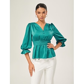 Damen Weiblich Freizeithemd Einfarbig Lässig Grün Knöpfe Langarm Elegant V Ausschnitt Sommer Herbst Ganzjahresmode: retailer-supplied image