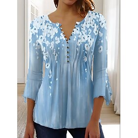 Women's Blouse V Neck Ombre Floral Graphic Elegant 3/4 Length Sleeve Regular Tops Daily Going out Buttons Sage Green White Blue Purple Green Summer Spring Fall