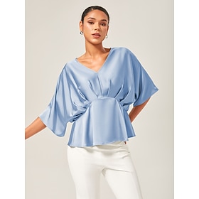Damen Weiblich Freizeithemd Lässig T-Shirt Ärmel Marineblau Himmelblau Grün Kurzarm Elegant Urlaub V Ausschnitt…: retailer-supplied image