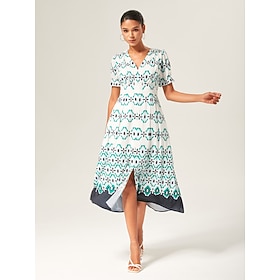 Geometric Rayon V-Neck Midi Dress