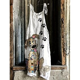 Women's Jumpsuit Vacation Vintage Ethnic Style Full Length High Waist Animal Color Block Drawstring Inelastic Formal Vacation Street White Yellow Blue off-whit