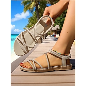 Women's Beige Elastic Strap Flat Sandals  Minimalist Lightweight Beach Shoes for Summer Vacations, Resort Wear, and Daily Casual Outfits