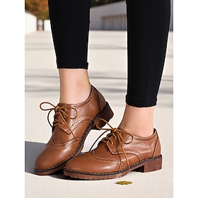 Women's Brown Faux Leather Brogue Oxford Shoes  Classic Wingtip Lace-Up Flats for Work, Daily Office Wear and Fall Outings