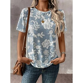 Women's T Shirt Floral Graphic Plants Vintage Stylish Classic Short Sleeve Crew Neck Regular Tops Daily Print Blue Beige Summer Spring