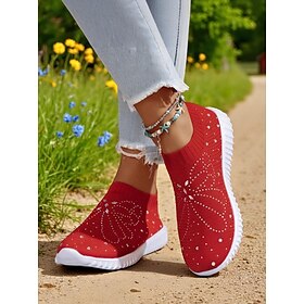 Women's Red Flyknit Slip-On Walking Shoes  Lightweight Breathable Sneakers for Outdoor Strolls, Travel and Garden Work