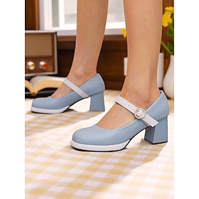 Women's 1950s Mod Mary Jane Heels - Retro Blue and White Round Toe Chunky Heel Shoes with Strap for Vintage Outfits, Tea Parties or Daily Wear