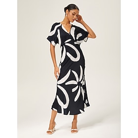 Robe longue noire et blanche à manches courtes et col en V pour femme, élégante, décontractée, idéale pour les…: retailer-supplied image