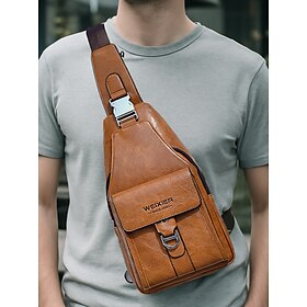 Men's Brown Faux Leather Crossbody Bag - Waterproof and Scratch-resistant Chest Bag with Adjustable Shoulder Strap for Travel, Work or Daily Casual Party Use