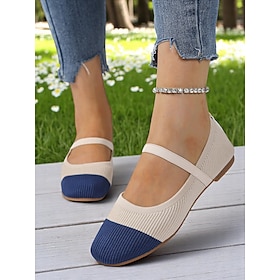 Women's Two-Tone Knit Ballet Flats with Strap  Breathable Casual Mary Jane Shoes for Daily Wear, Walking and Spring Outings
