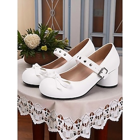 Women's 1950s White Mary Jane Block Heel Shoes  Faux Leather Round Toe Vintage Pumps with Bow Strap for Tea Parties, Lolita, and Retro Costumes