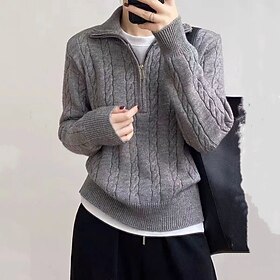 Women's Sweater Pullover Casual Solid Color Ribbed Shirt Collar Zipper Knitted Long Sleeve Regular Tops Knit Outdoor Daily Holiday Pink Beige Fall