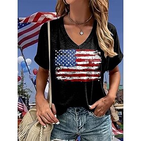 Independence Day Women's Patriotic Fourth of July T Shirt Graphic American Flag Vintage Stylish Classic Short Sleeve V Neck Regular Tops Daily Weekend Print Bl