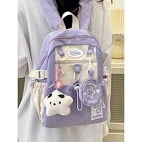 Girls Cute Macaroon Color Campus Backpack - Lightweight School Bag with Plush Pendant and Mini Pouch for Teens and College Students