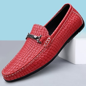 Men's Red Crocodile-Pattern Faux Leather Loafers, Slip-On Comfortable Casual Shoes for Smart Casual Wear, Office and Evening Outings