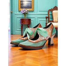 Women's Vintage Floral Lace-Up Heels  Elegant Green  Gold Victorian-Style Shoes for Special Occasions