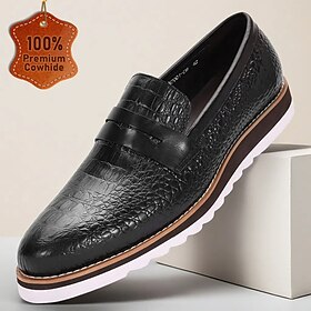 Men's Black Genuine Cowhide Leather Loafers  Slip-On Crocodile-Pattern Shoes  Comfortable Casual Shoes for Daily Wear and Travel