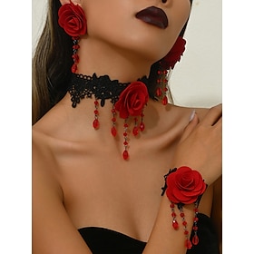 Women's Gothic Red Rose Jewelry Set with Lace Choker, Earrings and Bracelet, Vintage Victorian Costume Accessories for Halloween Party and Gothic Fashion