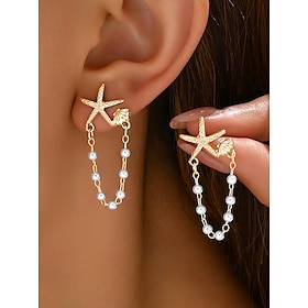 Women's Starfish Pearl Chain Drop Earrings  Beach-Inspired Summer Jewelry, Elegant Nautical Style for Parties, Vacations  Daily Wear