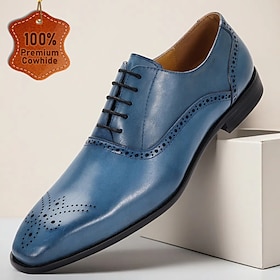 Men's Blue Genuine Cowhide Leather Brogue Dress Shoes  Classic Lace-Up Shoes for Formal Events, Business and Weddings