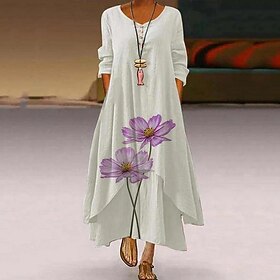 Women's Long Dress Maxi Dress Casual Dress Print Dress Elegant Fashion Classic Outdoor Vacation Holiday Regular Fit Flower Long Sleeve V Neck White Yellow Summ
