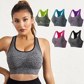 Women's Yoga Bra Sports Bra Pilates Bra Bra Top Push Up Seamless Anti-vibration Wireless Color Block Sport Activewear Lake blue Yellow Gym Zumba Running